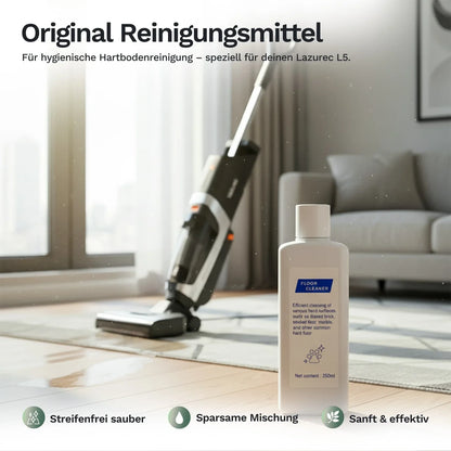 Reinigungsmittel-Flasche „Floor Cleaner“ neben Bodenwischmaschine