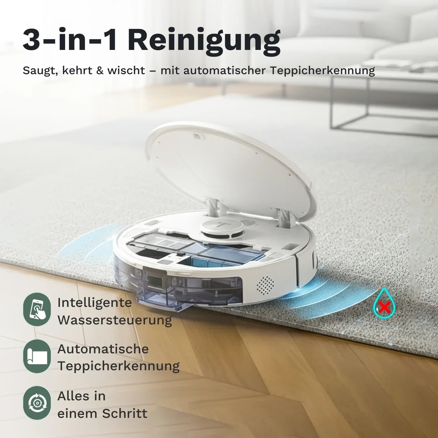 Saug- und Wischroboter auf Teppich mit sichtbarer Wischzone