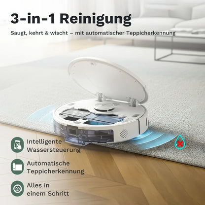 Saug- und Wischroboter auf Teppich mit sichtbarer Wischzone