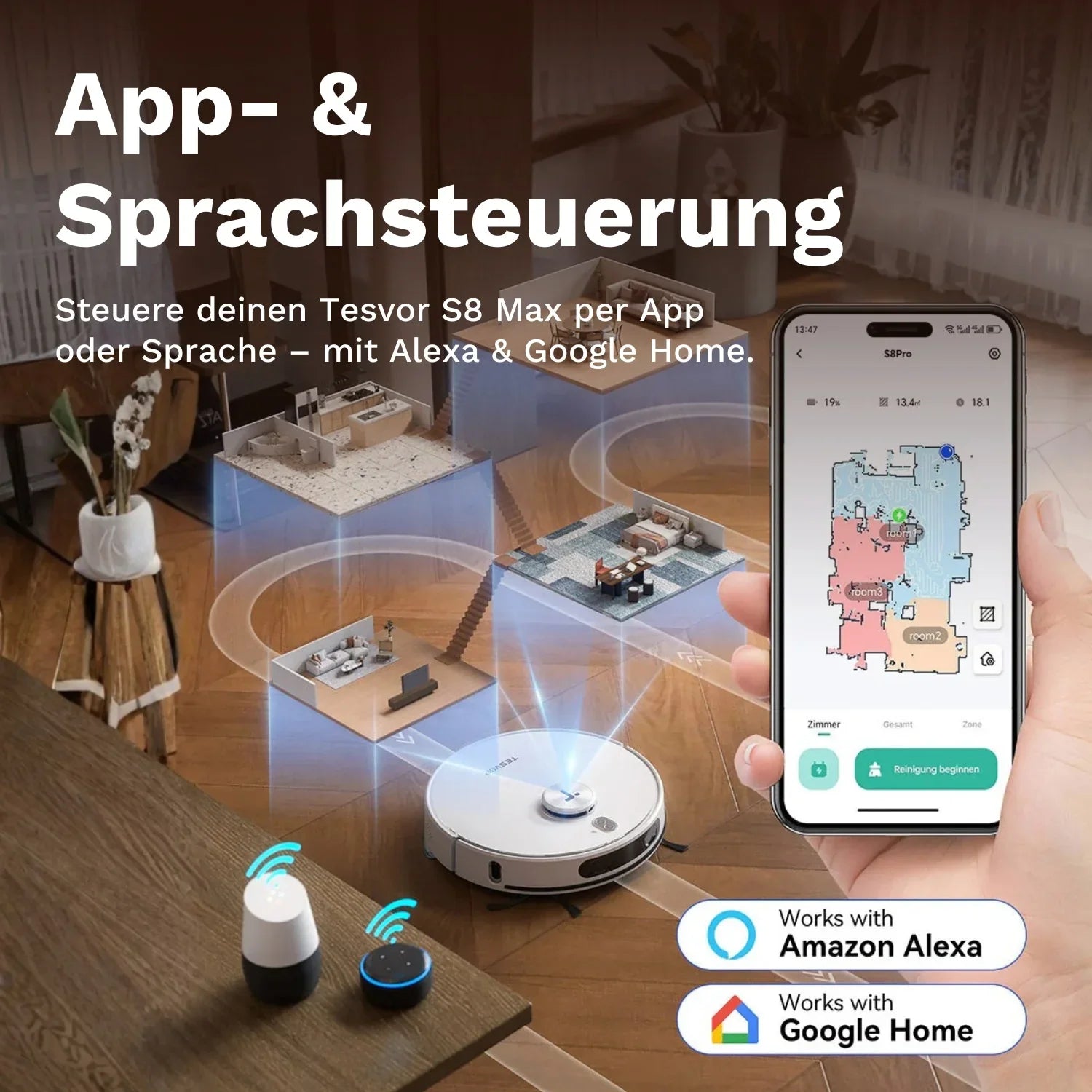 Saug- und Wischroboter mit App-Steuerung am Smartphone