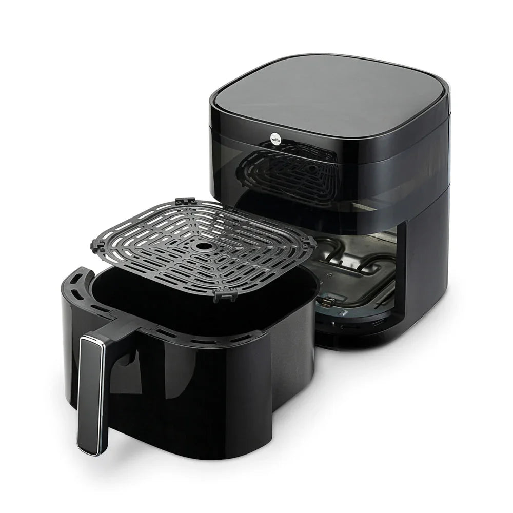 Dualfryer airfryer with open drawer and perforated cooking rack