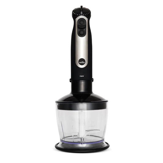 Wilfa immersion blender with clear chopper cup, black and silver base