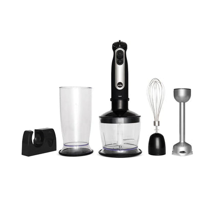 Immersion blender kit: motor unit, chopper cup, beaker, whisk and blade attachments