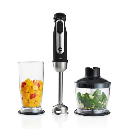 Immersion blender with stainless shaft and two clear mixing cups
