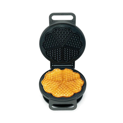 Opened waffle maker with nonstick waffle plates and golden waffle