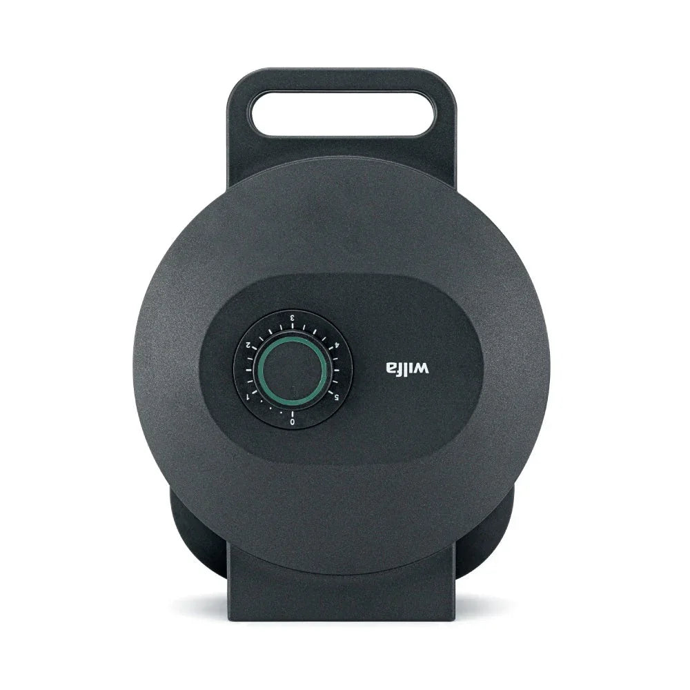 Waffle maker front view with circular temperature control dial
