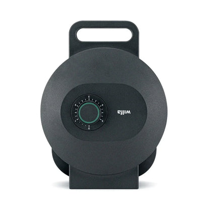 Waffle maker front view with circular temperature control dial