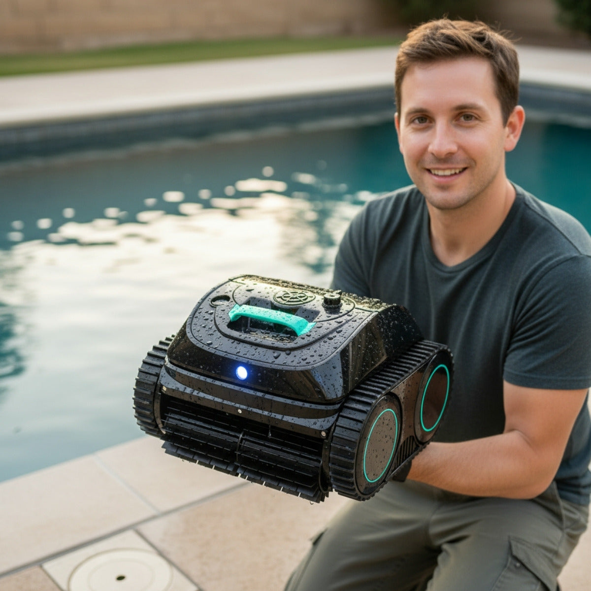 Mann kniet am Poolrand und hält einen kompakten, kabellosen Poolroboter mit Griff und Kettenantrieb in den Händen.