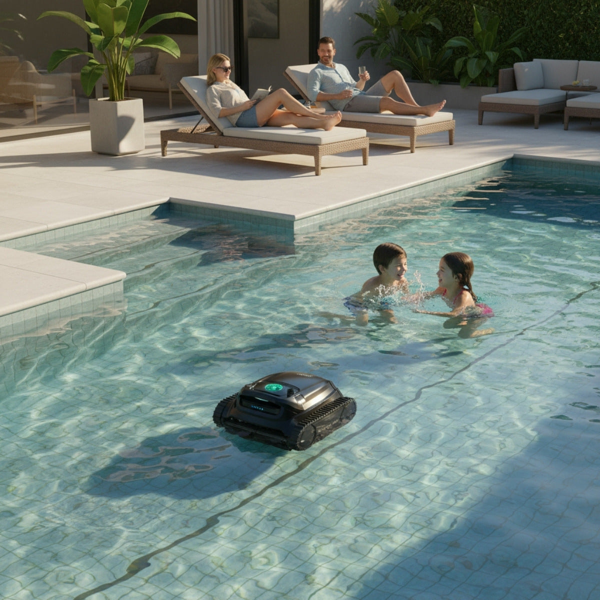 Poolroboter reinigt automatisch das Wasser, während Kinder im Pool spielen und Eltern entspannt auf Liegen sitzen