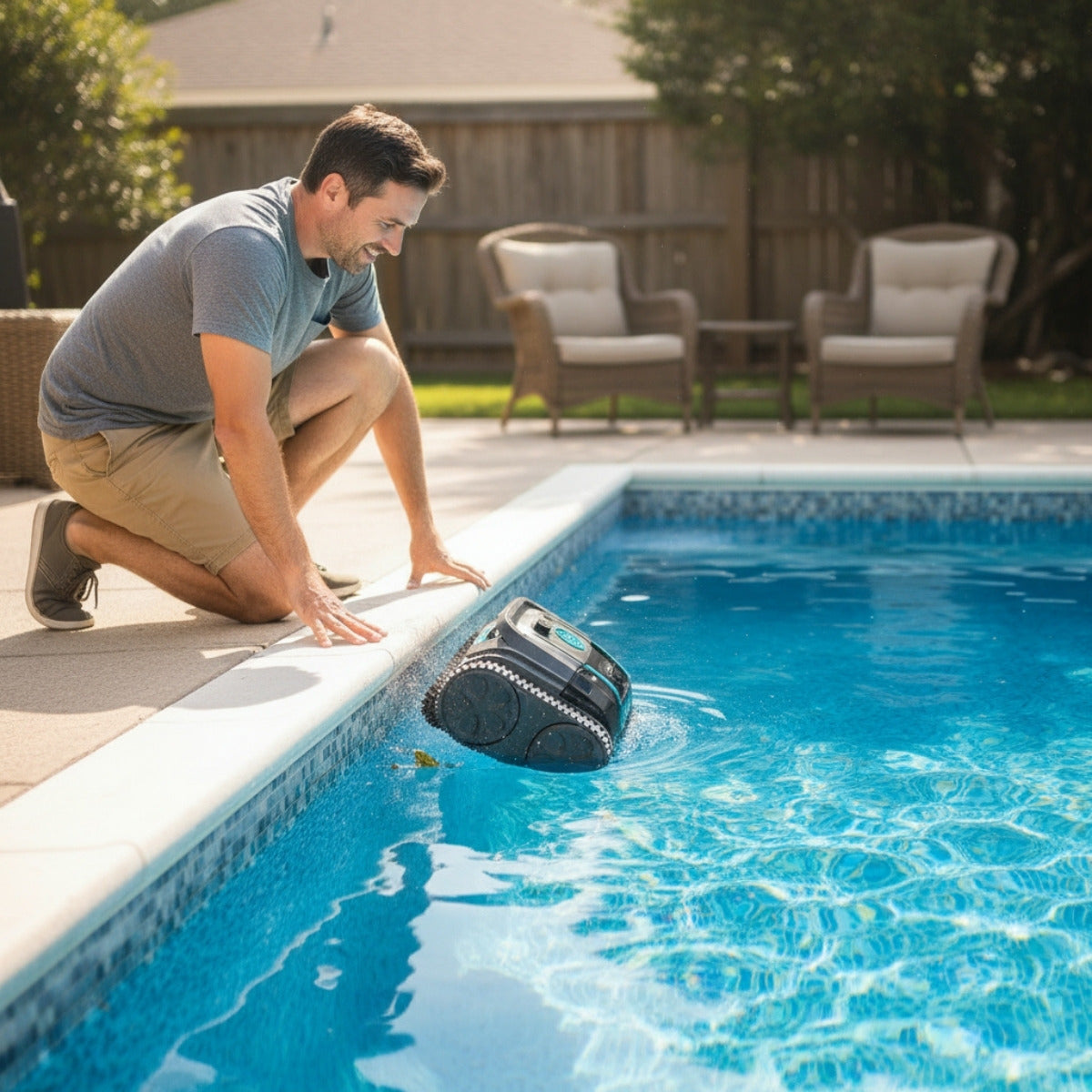 Mann setzt einen Poolroboter am Beckenrand ins Wasser ein, während das Gerät automatisch mit der Reinigung beginnt