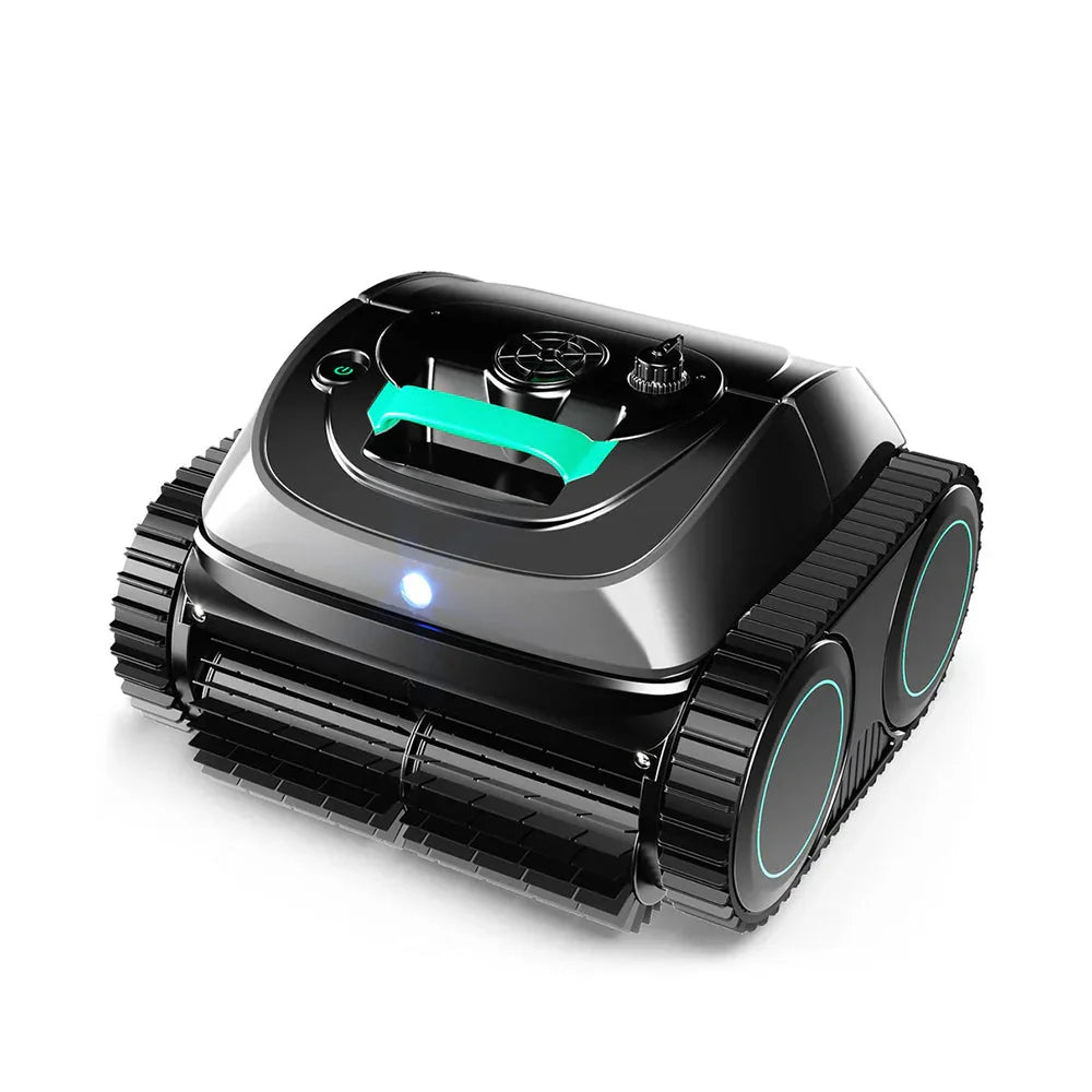 Akku-Poolroboter Wybot C1 in Anthrazit mit grünem Front-Einsatz und LED-Anzeige.