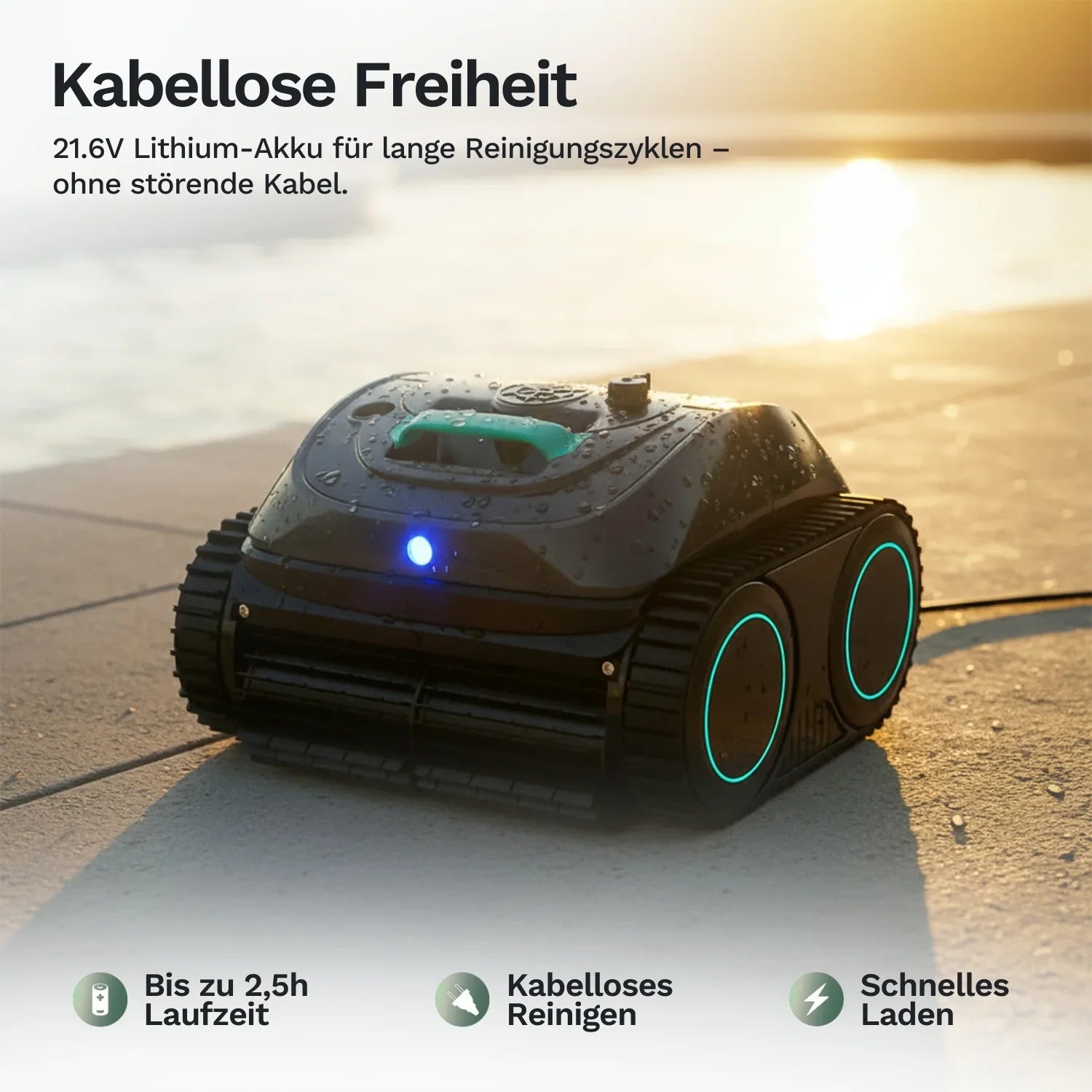 Akku-Poolroboter Wybot C1, anthrazit mit türkisfarbenen Rädern und blauem Statuslicht.