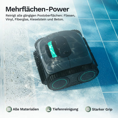 Akku-Poolroboter Wybot C1 auf Fliesen, anthrazit mit türkisfarbenen Leuchtkreisen.