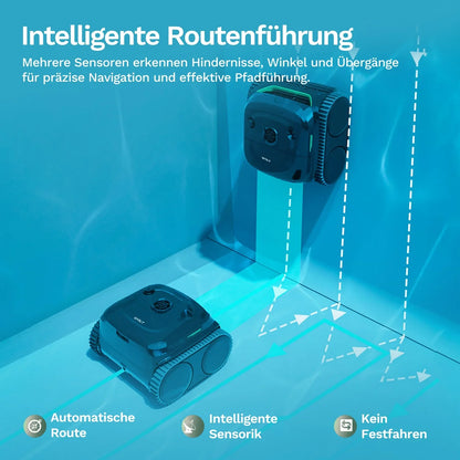 Poolroboter mit Sensorik und grünen LEDs, Navigationspfad sichtbar, Seitenansicht
