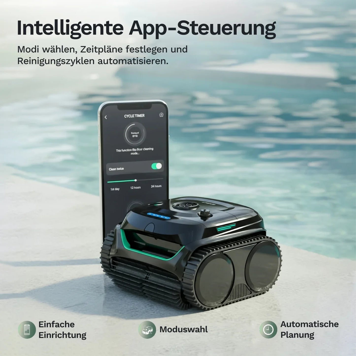 Akku-Poolroboter Wybot C2 mit Smartphone-Ansicht, grüne LED-Leisten, Frontansicht