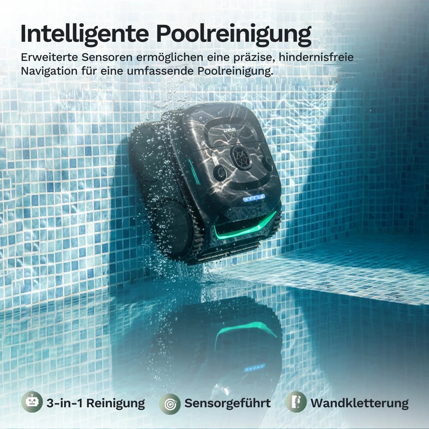 Poolroboter im Wasser, schwarze Gehäuseform mit grüner LED-Leiste, Unterwasseransicht