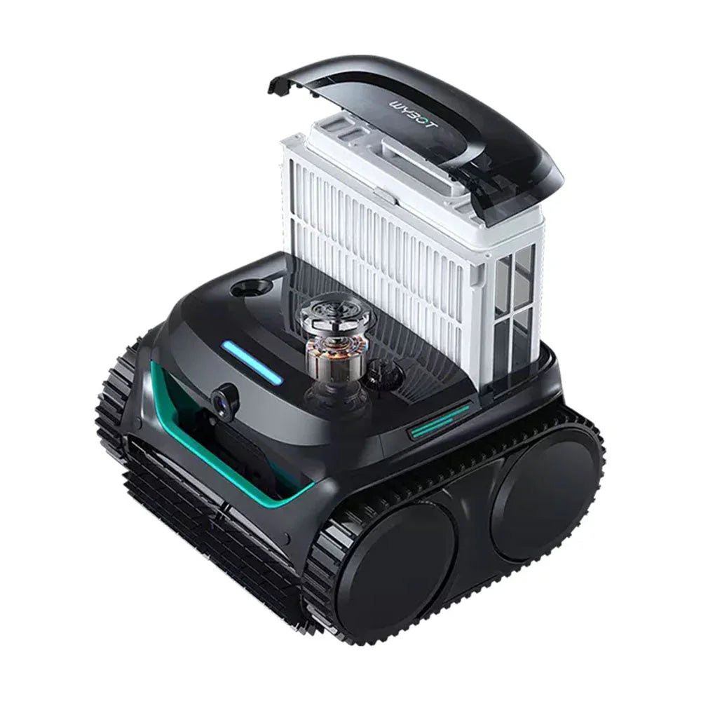 Wybot C2 Vision Poolroboter mit schwarzen Laufrollen und weißem Filtergehäuse, grünen Leuchten