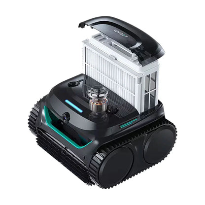 Wybot C2 Vision Poolroboter mit schwarzen Laufrollen und weißem Filtergehäuse, grünen Leuchten