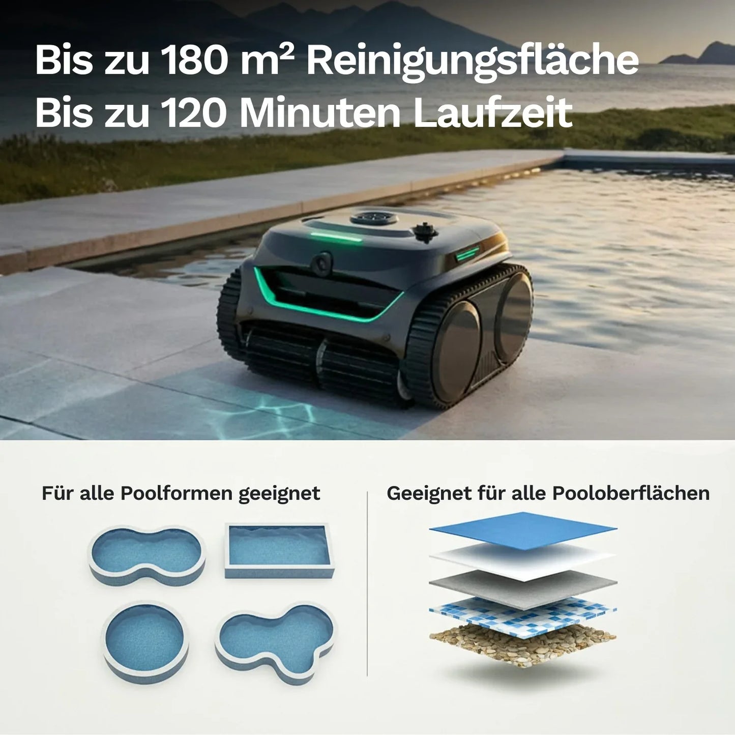 Poolroboter Wybot C2 Vision auf Terrasse am Beckenrand: grün leuchtender Frontbereich, große Räder