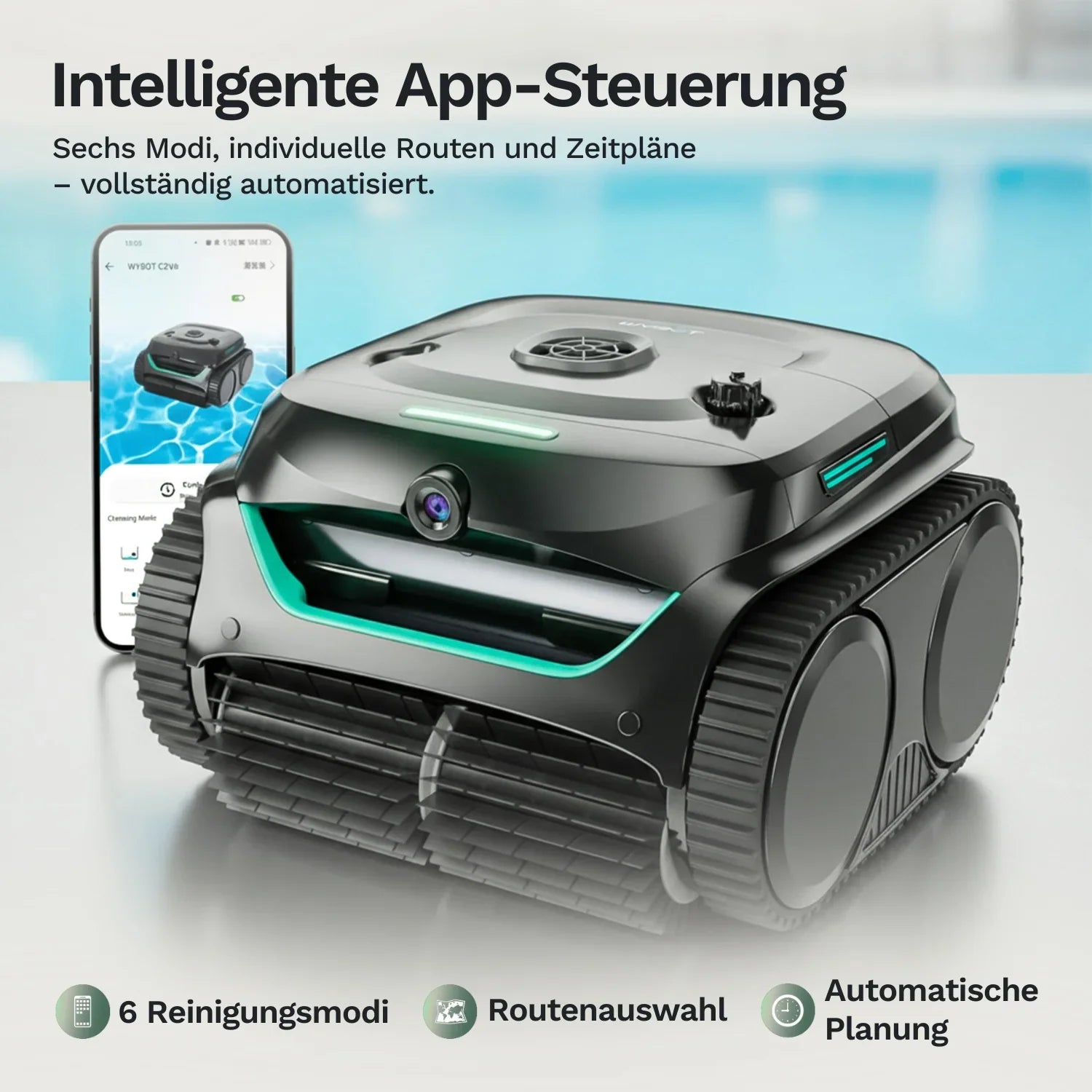 Poolroboter Wybot C2 Vision obenansicht: graues Gehäuse, grüne Leuchtbalken, Kameramodul