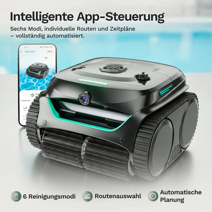 Poolroboter Wybot C2 Vision obenansicht: graues Gehäuse, grüne Leuchtbalken, Kameramodul