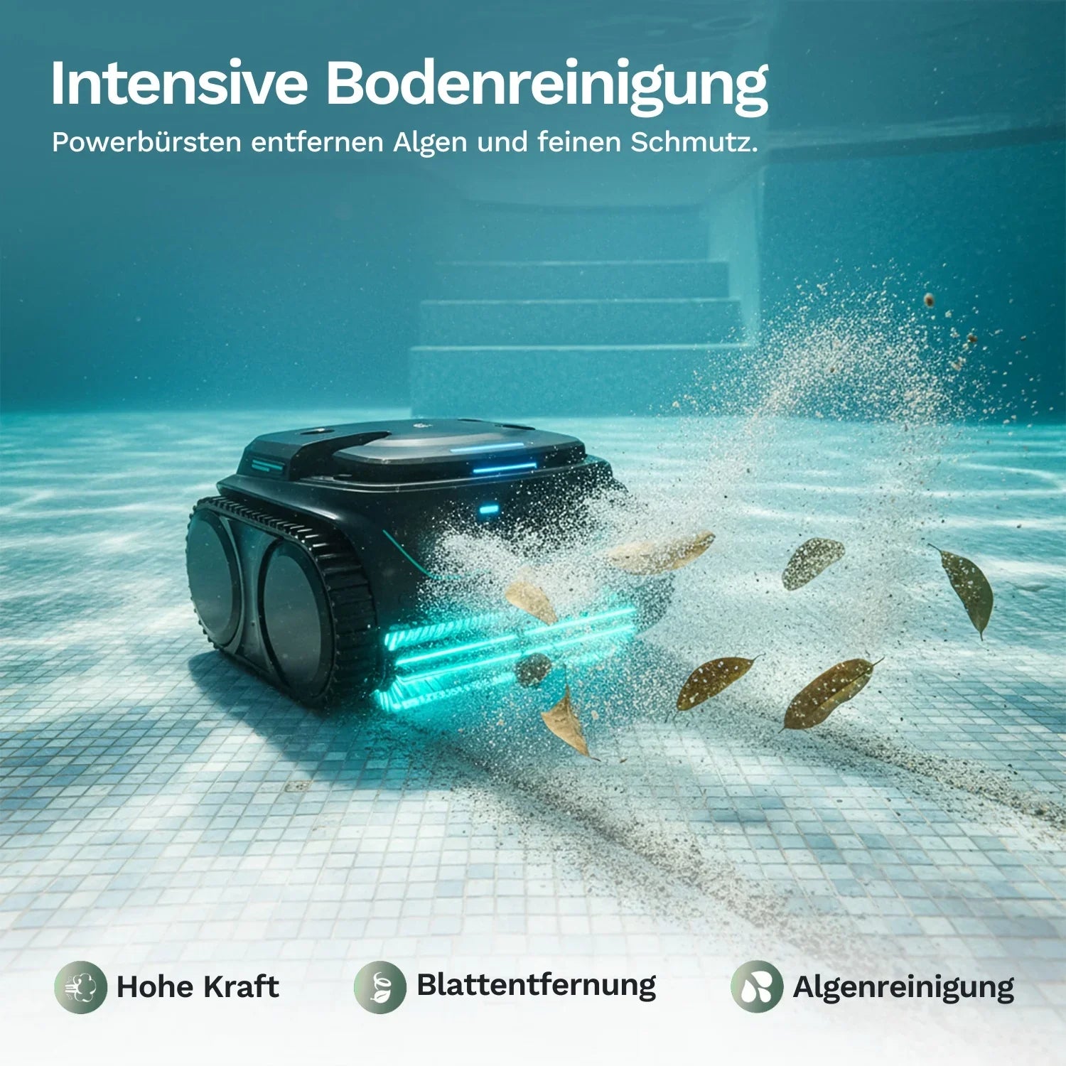 Wybot C2 Vision Poolroboter mit grün leuchtenden Streifen und aufspritzendem Wasser, Frontansicht