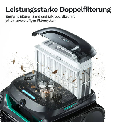 Wybot C2 Vision Akku-Poolroboter mit weißem Reinigungsmodul und sichtbarer Filtereinheit, grüne LEDs
