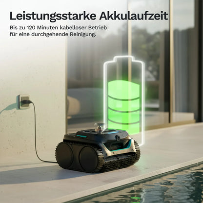 Wybot C2 Vision Akku-Poolroboter auf Fliesen, schwarz-grau mit grüner Statusanzeige