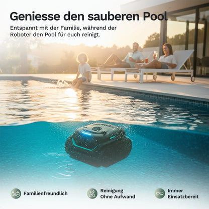 Wybot C2 Vision Poolreiniger im Becken: schwarzer Roboter mit grünen LED-Linien und Wassertropfen