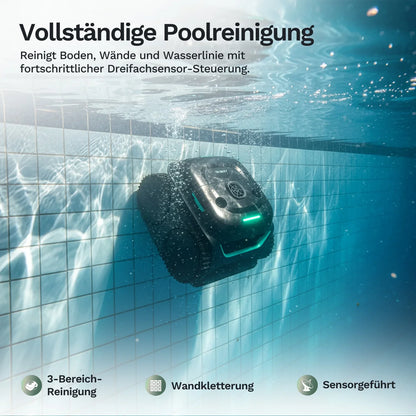 Poolroboter Wybot C2 Vision im Wasser, schwarzer Körper mit grünen LED-Linien und rundem Sensor