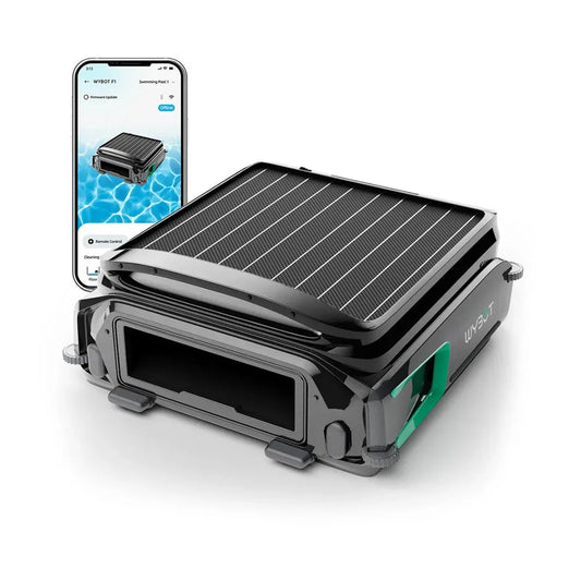 Solar-Pool-Skimmer Wybot F1 mit Solarpanel, schwarz mit grünen Akzenten