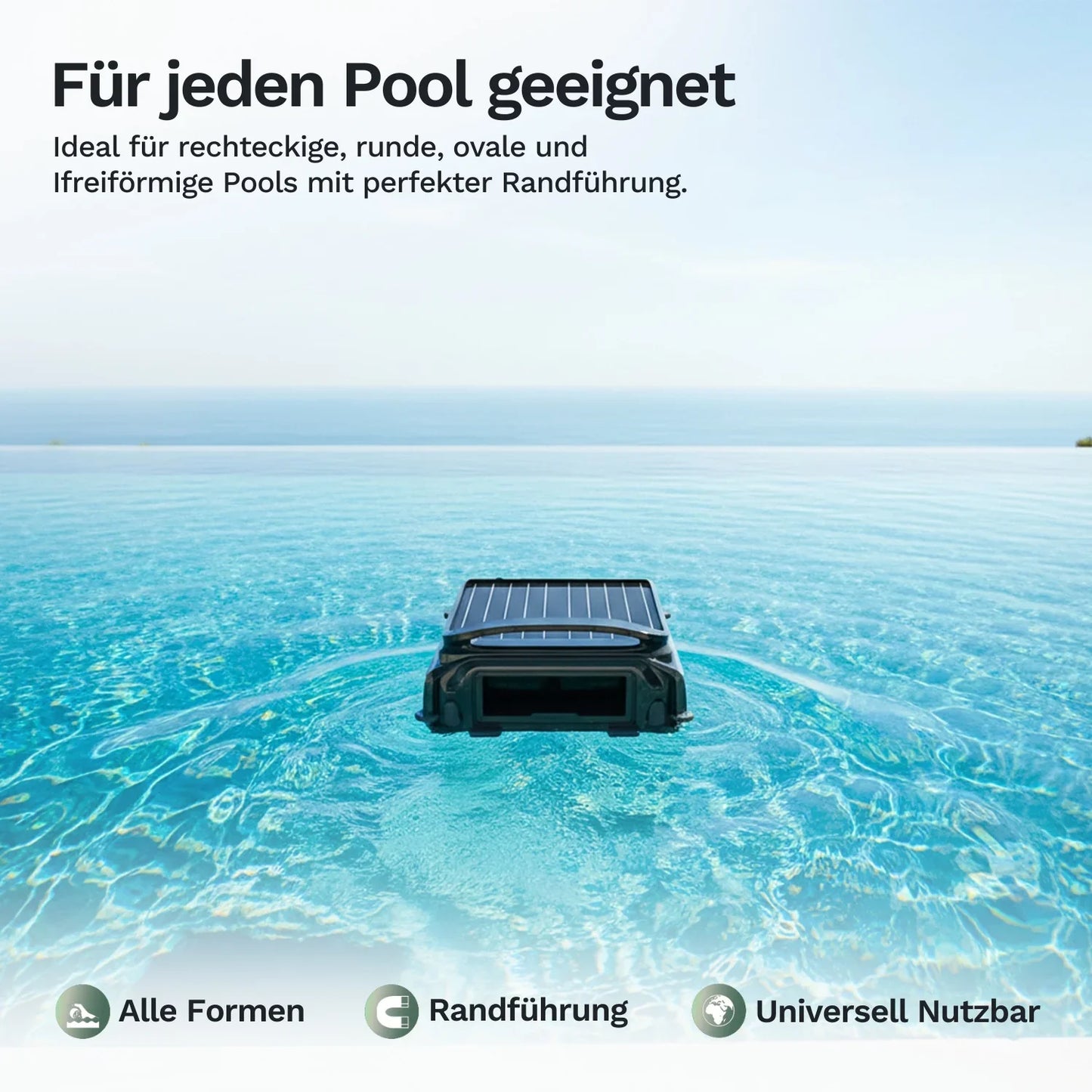 Wybot F1 Solar-Skimmer auf Wasseroberfläche, kompakte Bauform für Poolränder