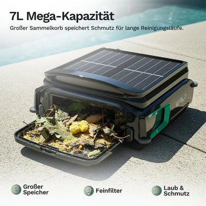 Wybot F1 Pool-Skimmer mit geöffnetem Sammelkorb und Schmutzfüllung