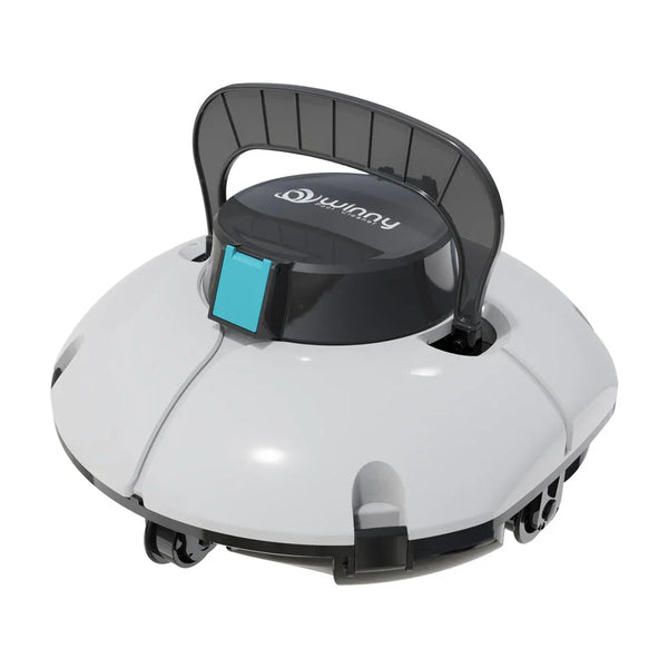 Kompakter Poolroboter HJ1102P, weißes Gehäuse, schwarzer Griff, blaues Panel