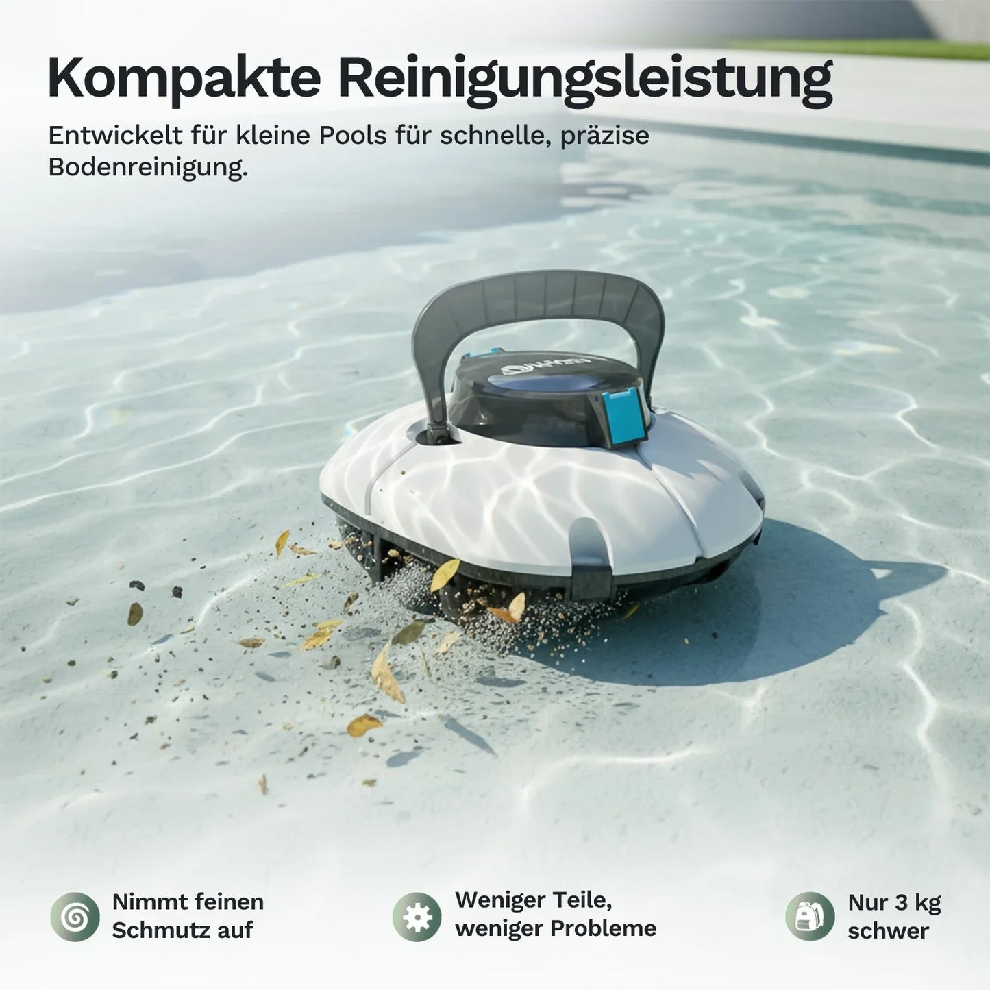 Kompakter Poolroboter HJ1102P reinigt den Poolboden, weißes Gehäuse, blaues Modul