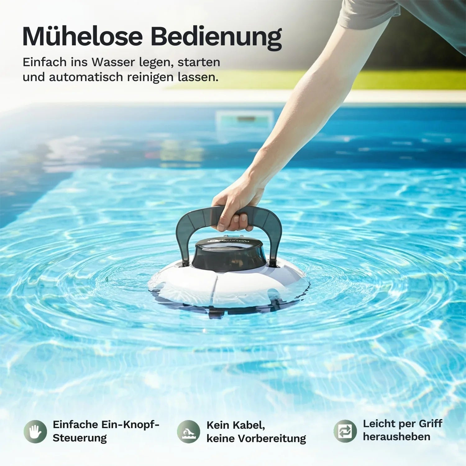 Poolroboter HJ1102P mit Tragegriff, weißem Gehäuse und blauem Bedienmodul