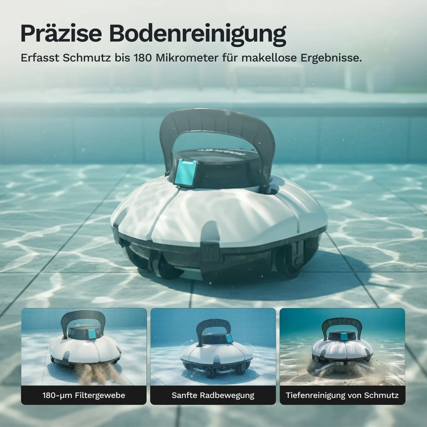 Poolroboter HJ1102P mit blauem Filtermodul und breiter Ansaugöffnung am Boden