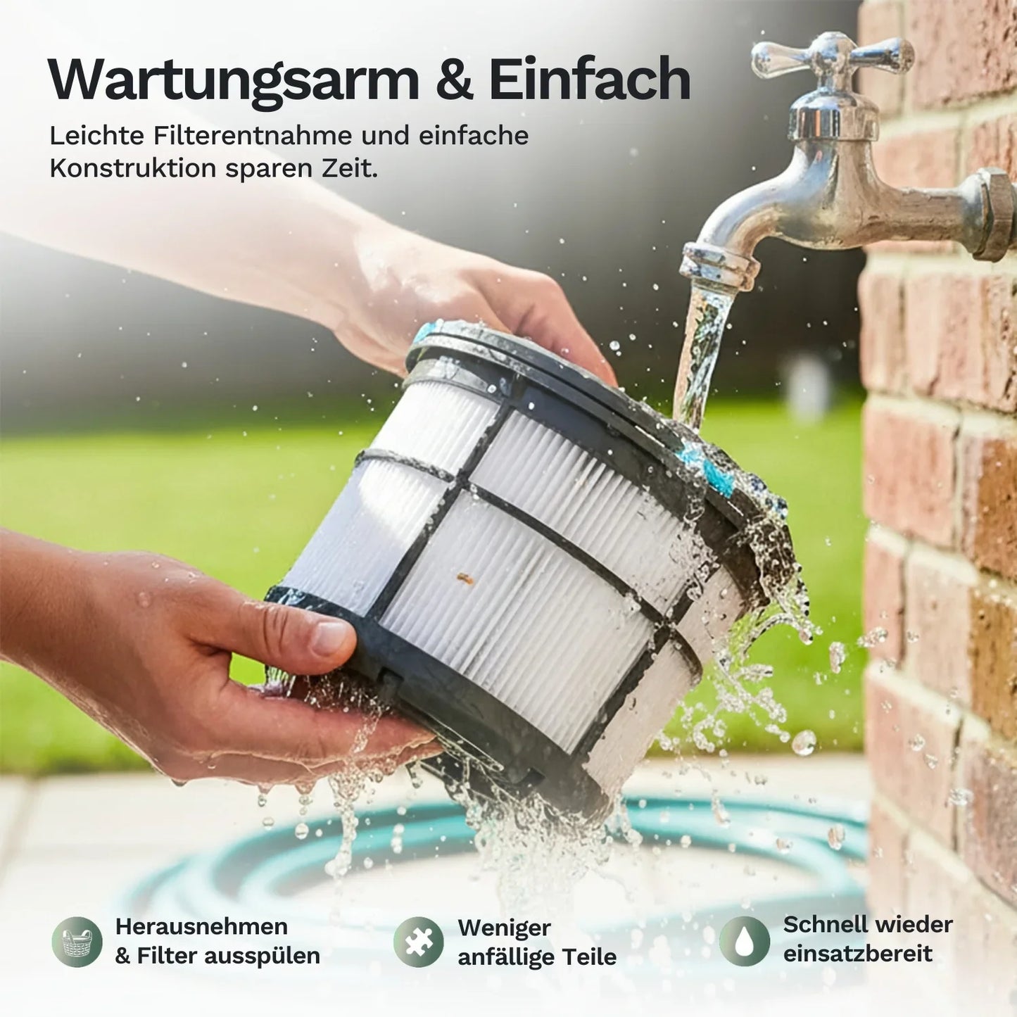 Poolroboter HJ1102P: herausnehmbarer Filtereinsatz, weiße Lamellen, Wasser spritzt