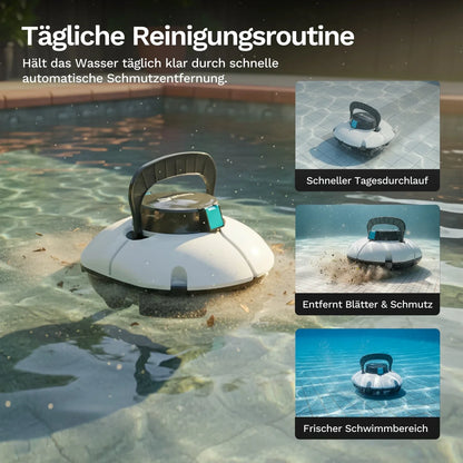 Poolroboter HJ1102P auf dem Poolboden, weißes Gehäuse, schwarzer Griffbügel, blaues Display