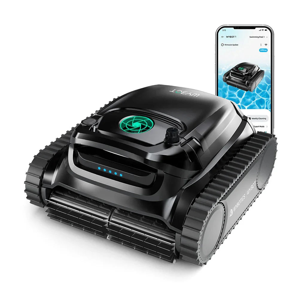 Wybot M1 Akku-Poolroboter, schwarzer Roboter mit grüner Statusanzeige und Raupenrädern