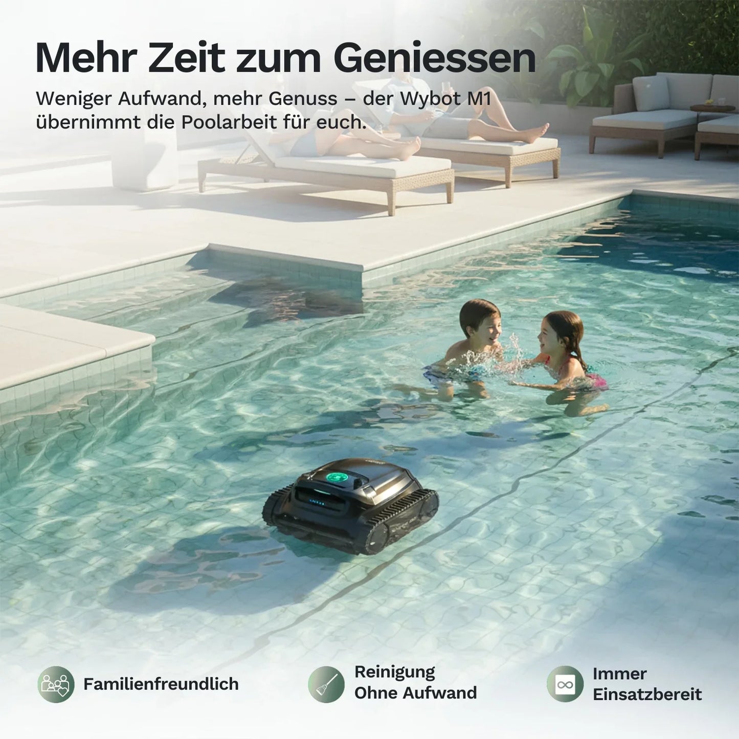 Akkubetriebener Poolroboter Wybot M1 mit Raupenantrieb und grüner Kontrollleuchte