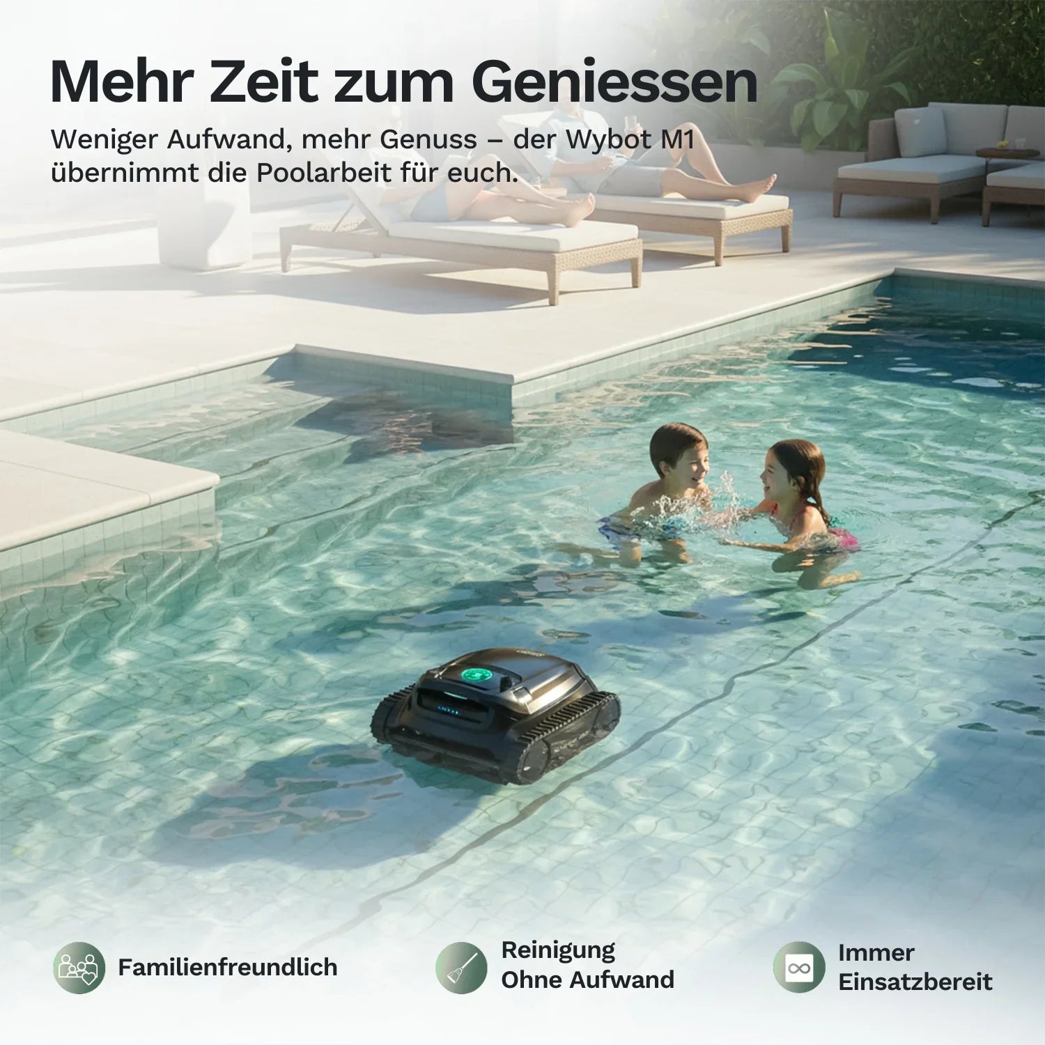 Akkubetriebener Poolroboter Wybot M1 mit Raupenantrieb und grüner Kontrollleuchte