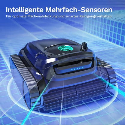 Poolroboter Wybot M1 Nahaufnahme mit grüner Anzeige und Sensor-Umriss über dem Boden