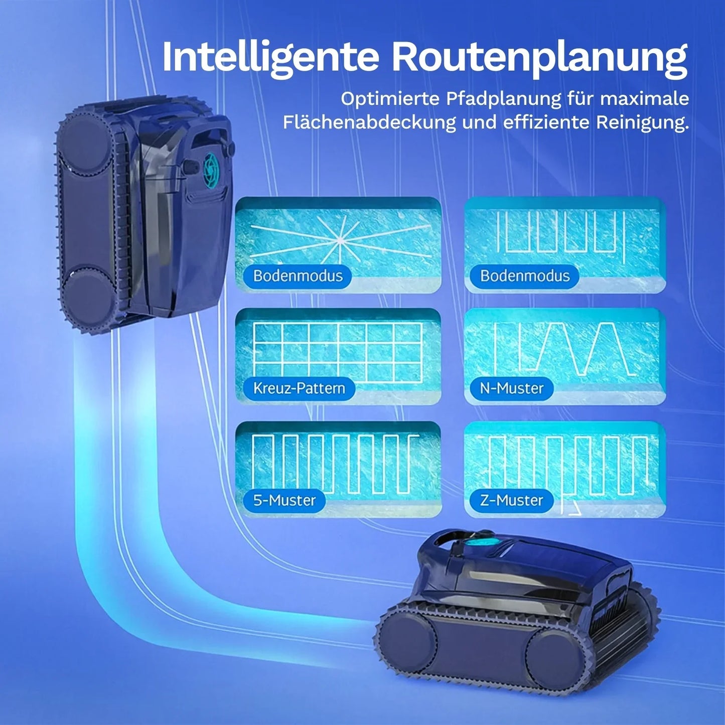 Poolroboter Wybot M1, Seitenansicht mit Raupenrädern und integrierter Routenplanung