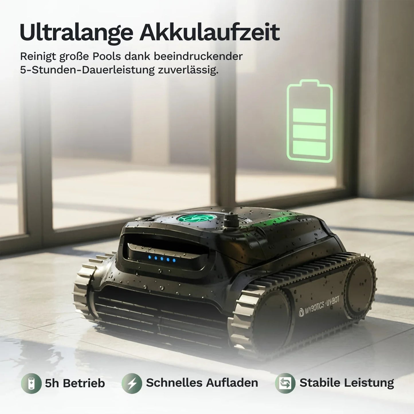 Poolroboter Wybot M1, Draufsicht auf das Gehäuse mit grüner Anzeige und Reglerknopf