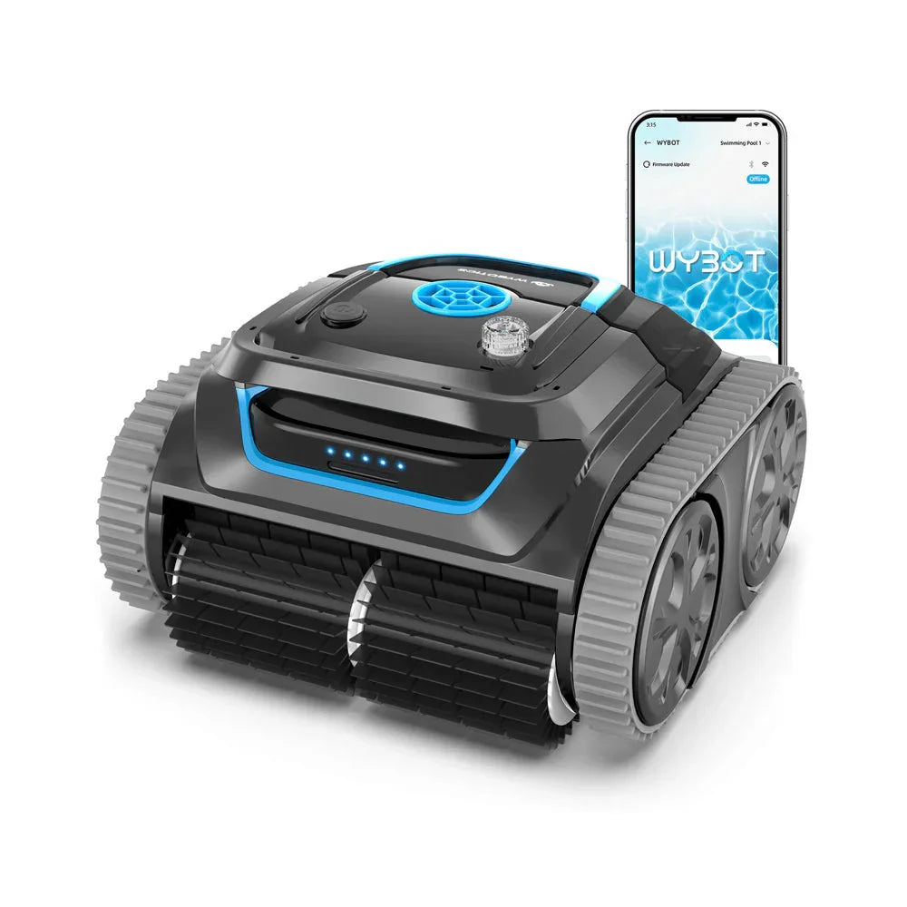 Akku-Poolroboter Wybot S1 mit blauer Statusanzeige, breiten Antriebsrädern und Bürstenantrieb