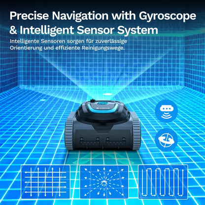Poolroboter mit Sensorbereich vorn und Navigations-Icons zur effizienten Orientierung