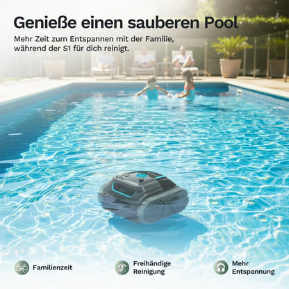 Akku-Poolroboter Wybot S1 schwimmt im Poolwasser, bereit zur Reinigung