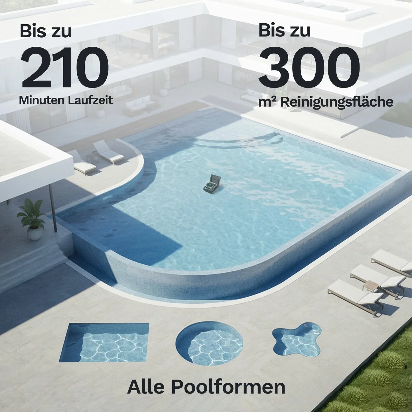 Poolroboter auf dem Beckenboden, kompakter Unterwasser-Cleaner für verschiedene Poolformen