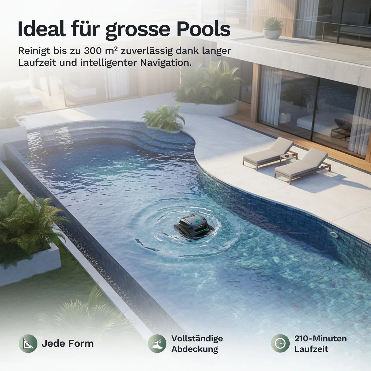 Poolroboter im Becken mit grüner LED, bewegt sich im Wasser
